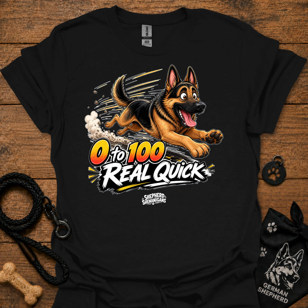 Black T-shirt with German shepherd graphic and '0 to 100 Real Quick' text