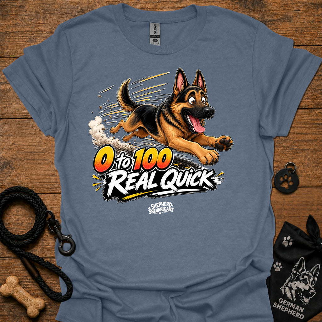 Heather blue T-shirt with German shepherd graphic and '0 to 100 Real Quick' text
