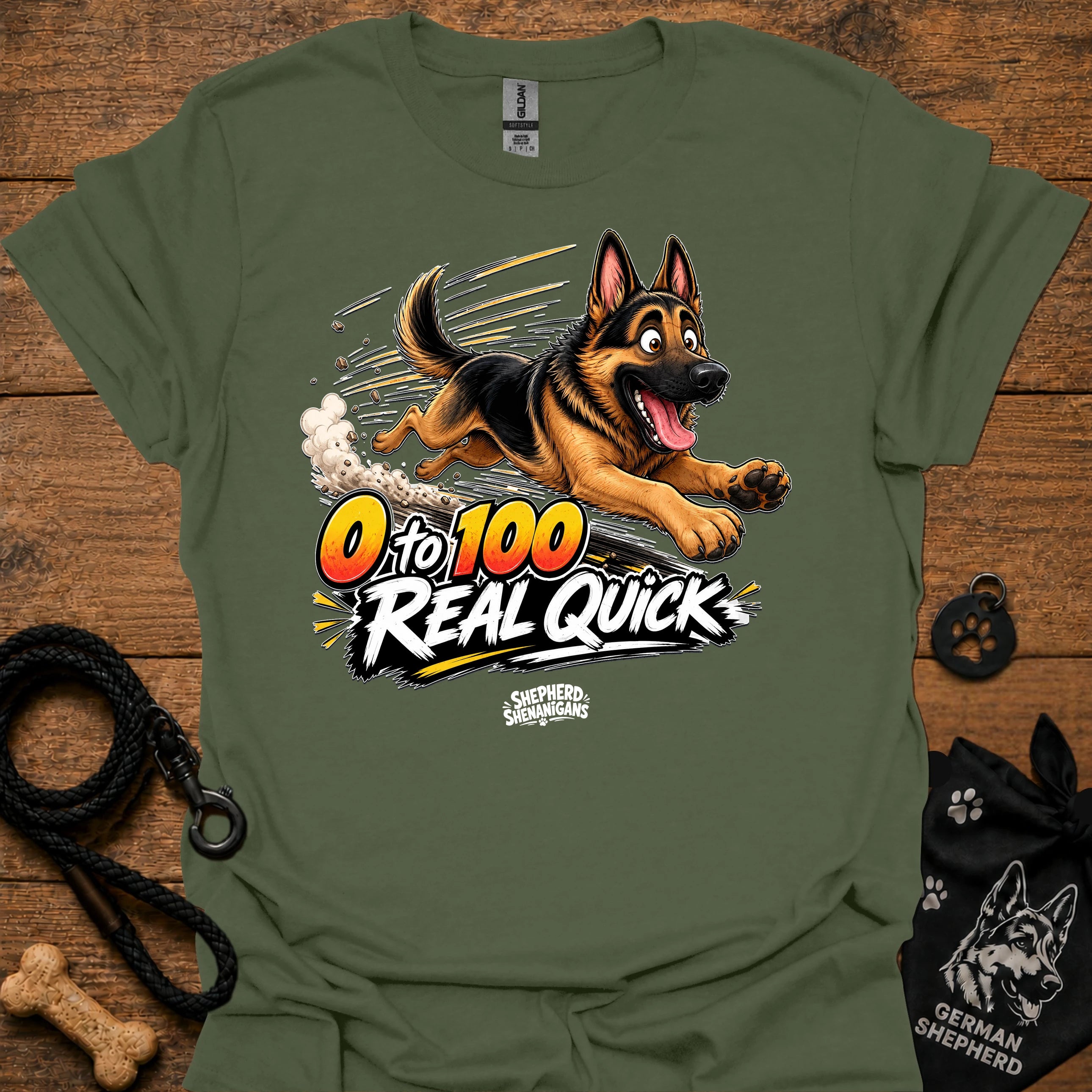 Military green T-shirt with German shepherd graphic and '0 to 100 Real Quick' text