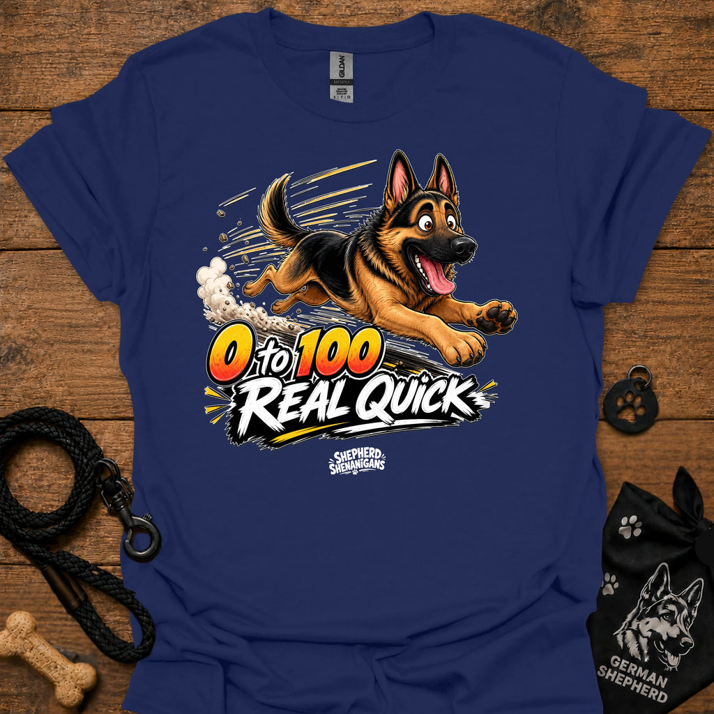 Navy T-shirt with German shepherd graphic and '0 to 100 Real Quick' text