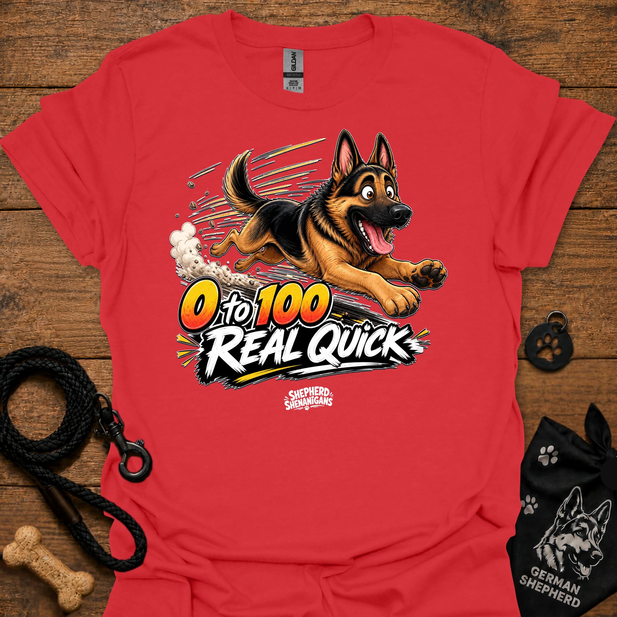 Red T-shirt with German shepherd graphic and '0 to 100 Real Quick' text