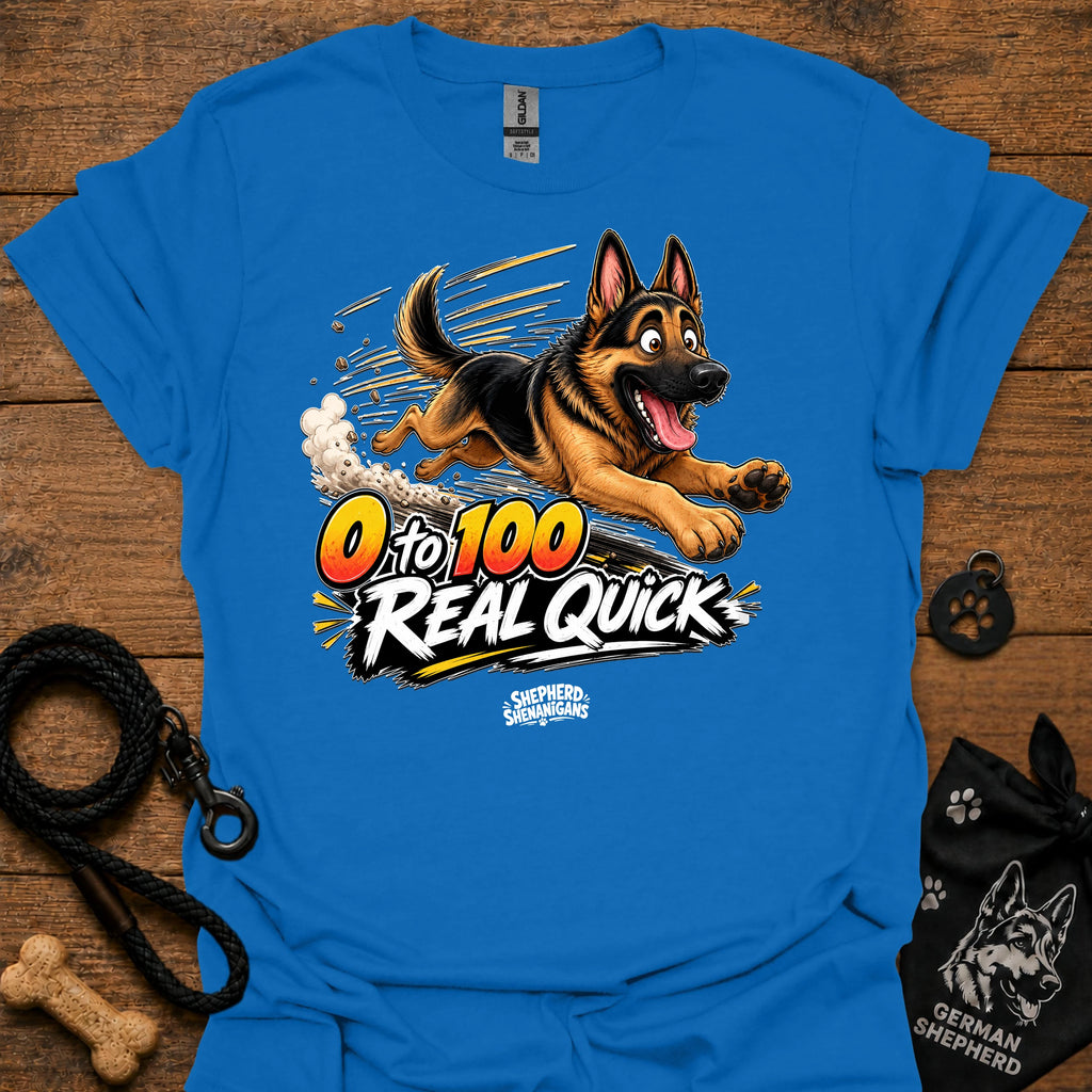 Royal blue T-shirt with German shepherd graphic and '0 to 100 Real Quick' text