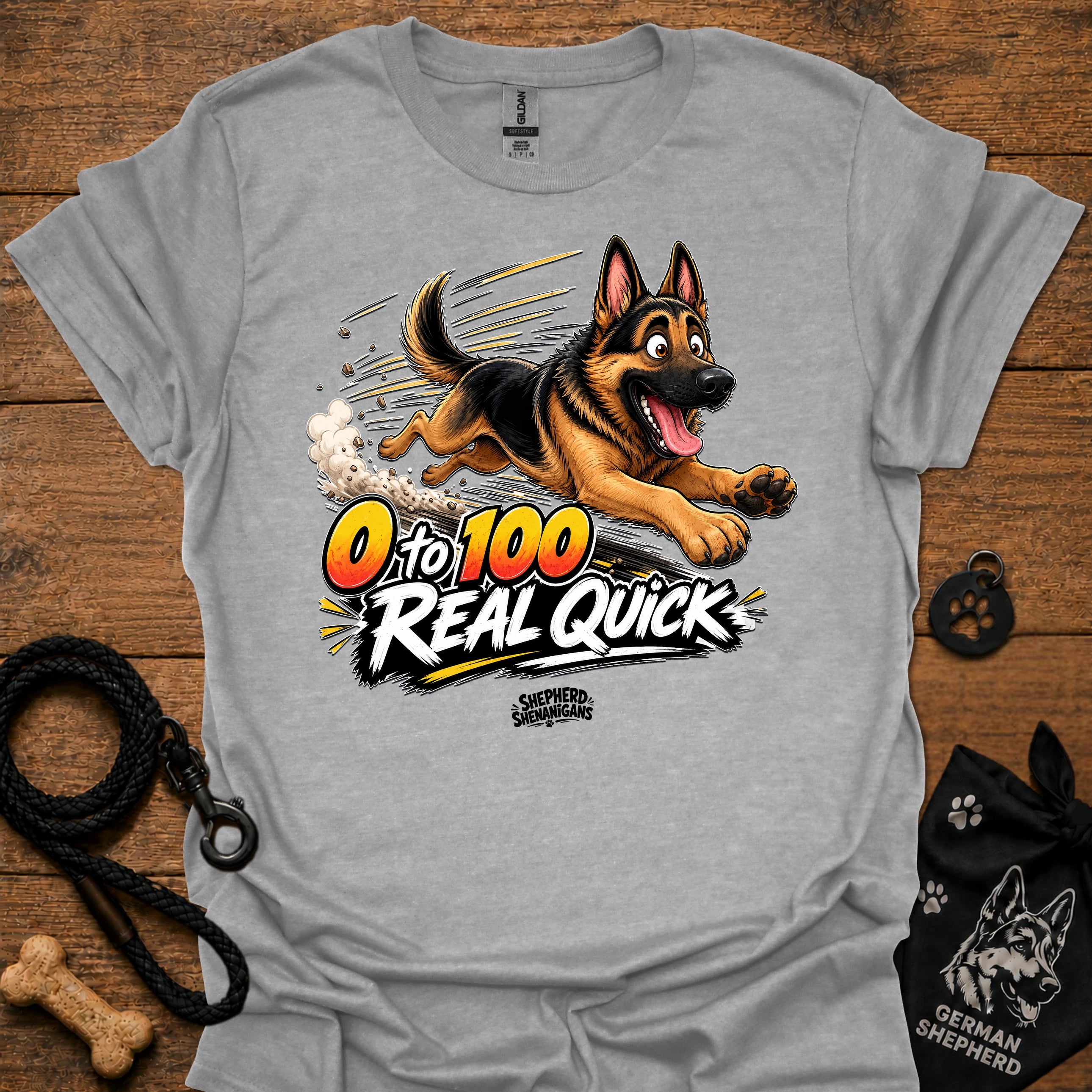 Sport grey T-shirt with German shepherd graphic and '0 to 100 Real Quick' text