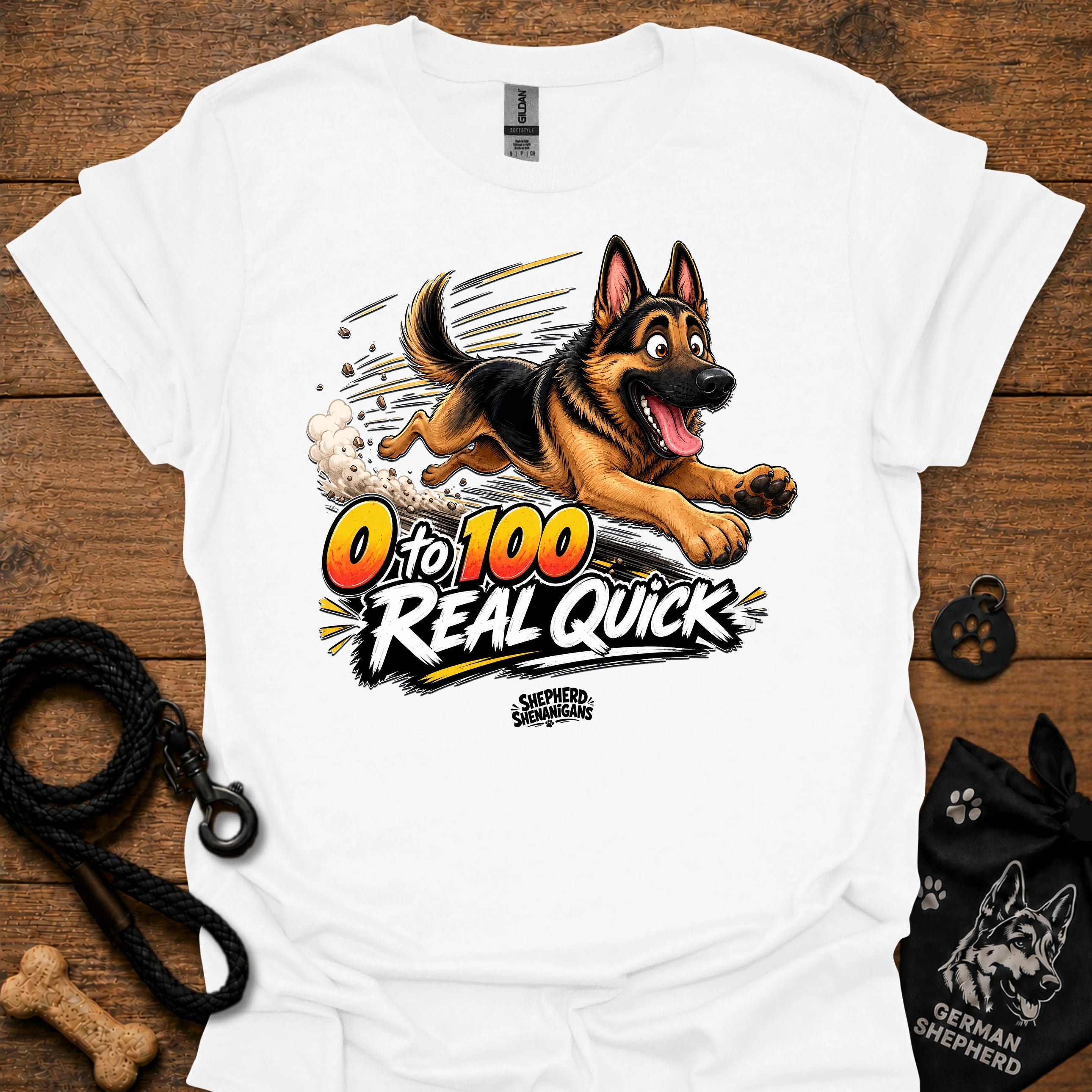 White T-shirt with German shepherd graphic and '0 to 100 Real Quick' text
