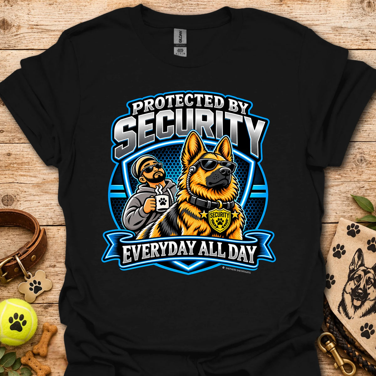 Black T-shirt with a security guard and dog graphic and “Protected by Security” text