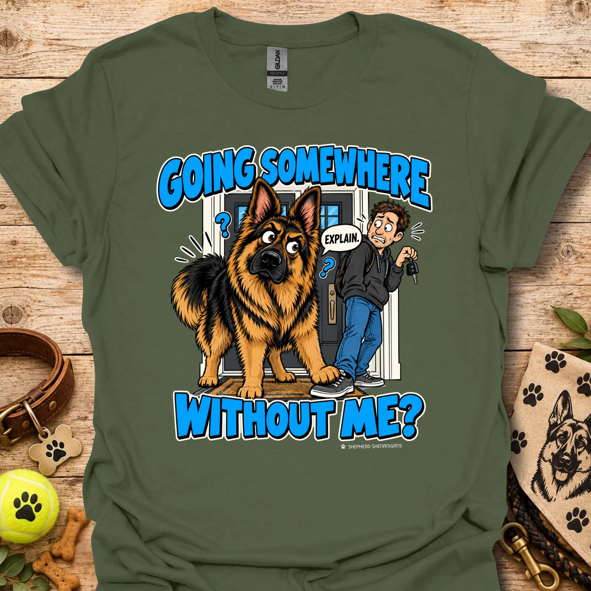 Military green T-shirt with a German shepherd and man graphic and blue lettering
