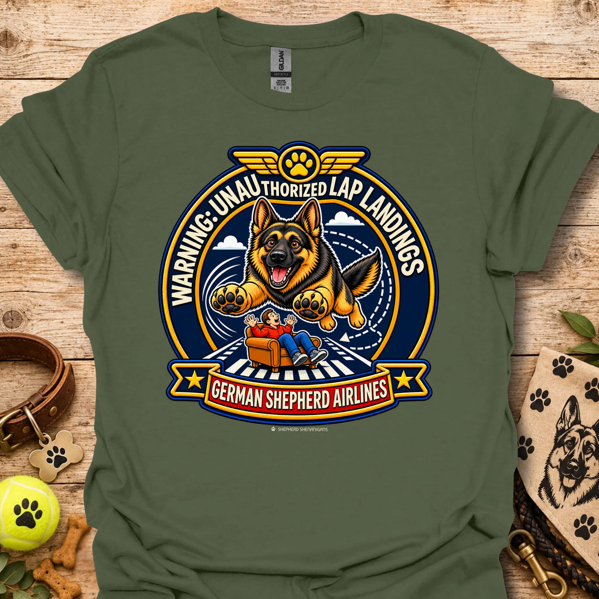 Military green T-shirt with a German shepherd airline badge graphic and lap-landing warning
