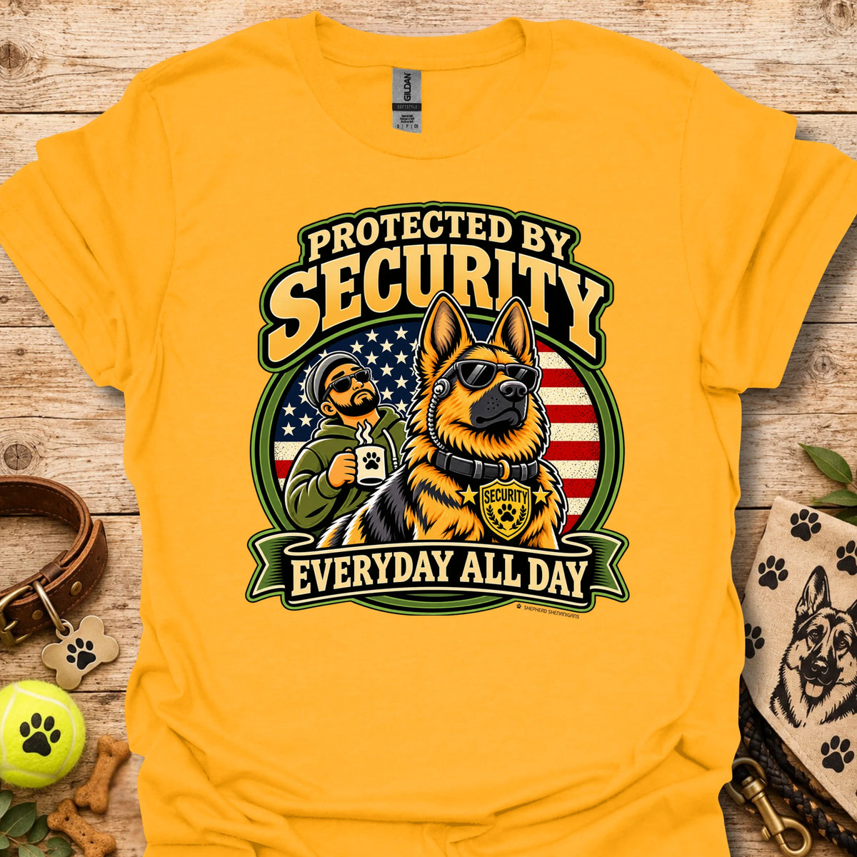 Gold Protected By Security T-shirt with security dog and handler graphic