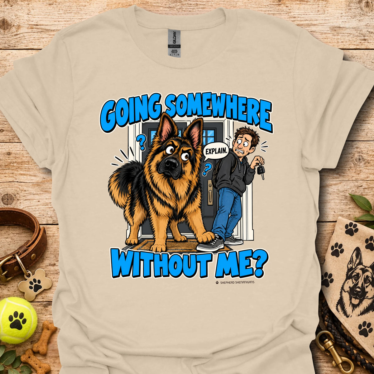Sand T-shirt with a German shepherd and man graphic and blue lettering
