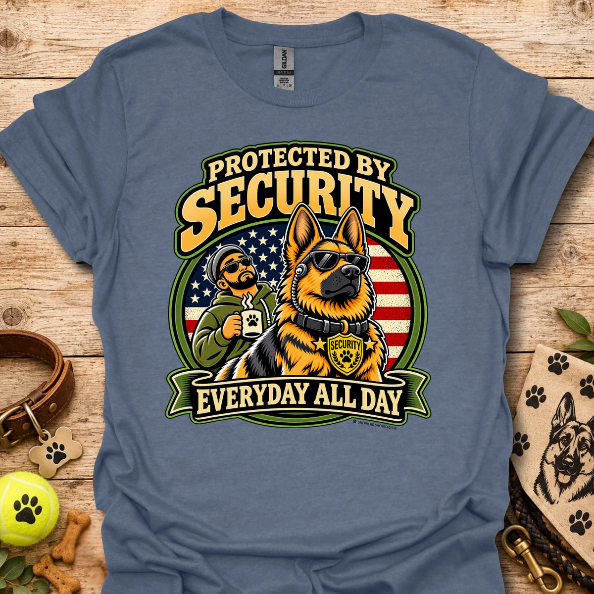 Heather indigo Protected By Security T-shirt with security dog and handler graphic