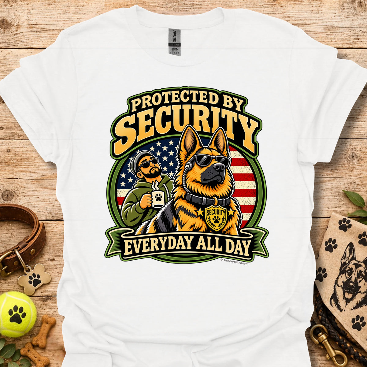 White Protected By Security T-shirt with security dog and handler graphic