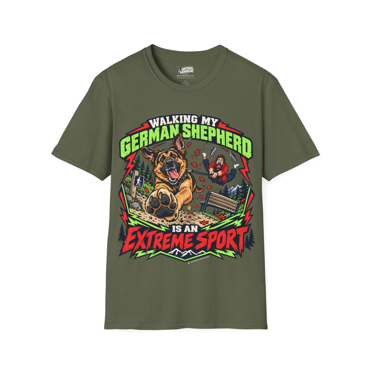 Crew-neck graphic T-shirt, olive green, front dog and text print