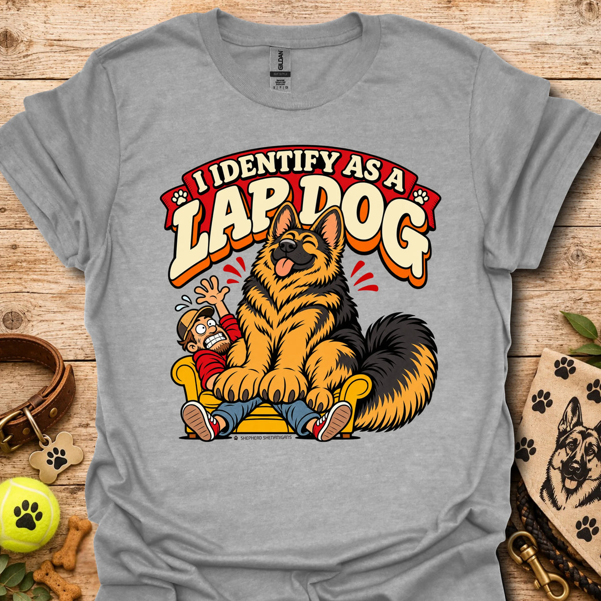 Sport gray T-shirt with a cartoon lapdog graphic and "I Identify as a Lapdog" text