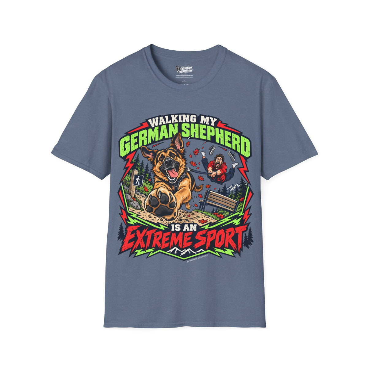 Crew-neck graphic T-shirt, slate blue, front dog and text print