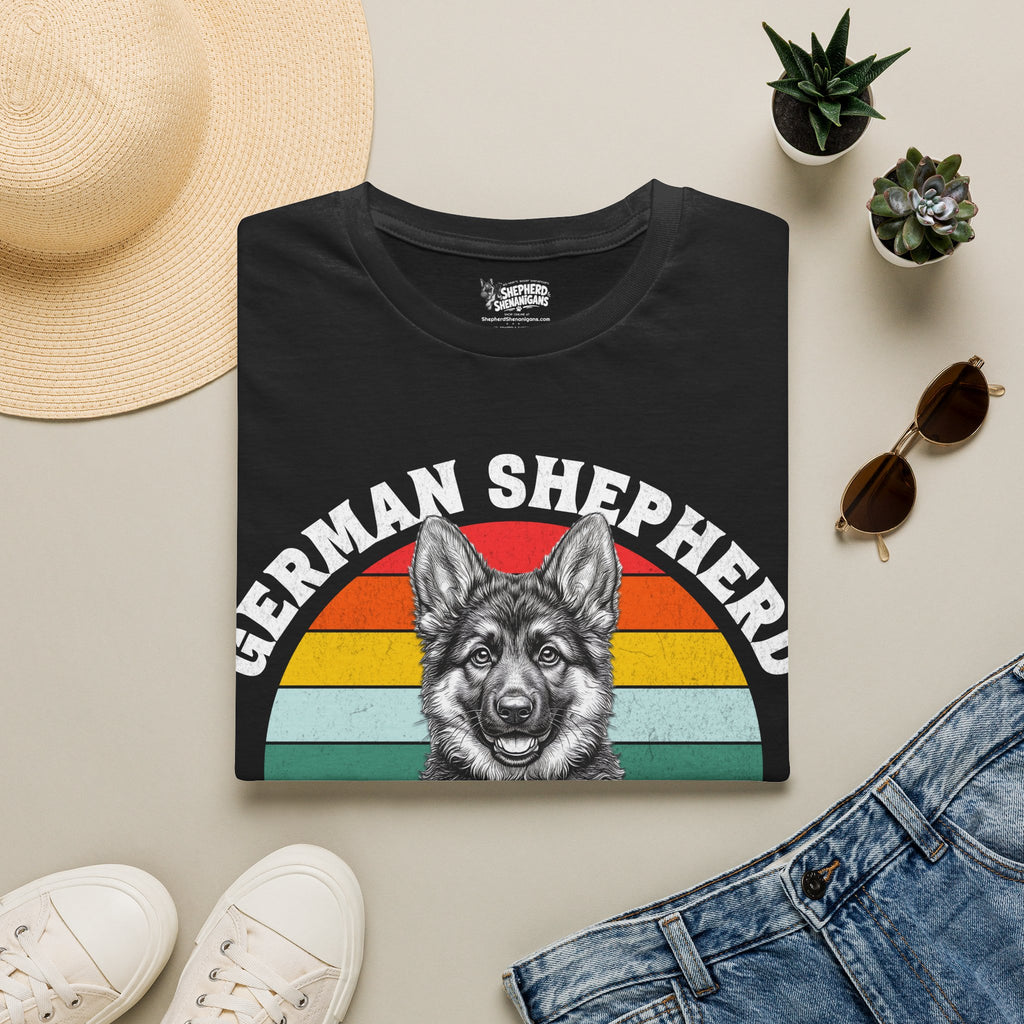 Black T-shirt with German shepherd puppy rainbow graphic front