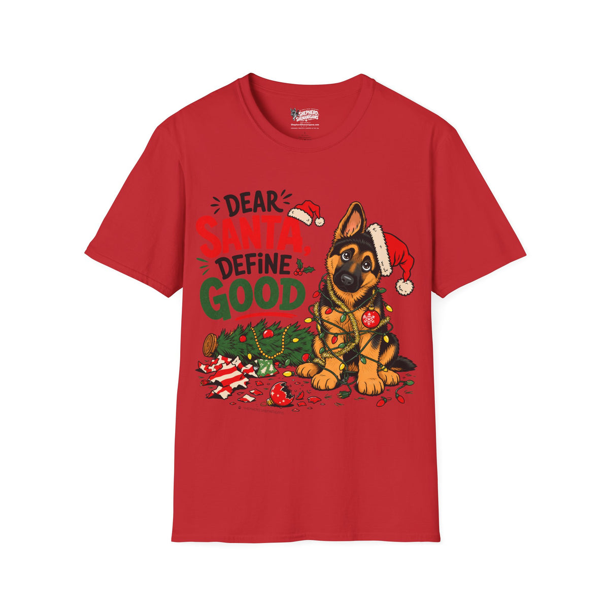 Red t-shirt with Santa-themed dog graphic and “Define Good” text on front