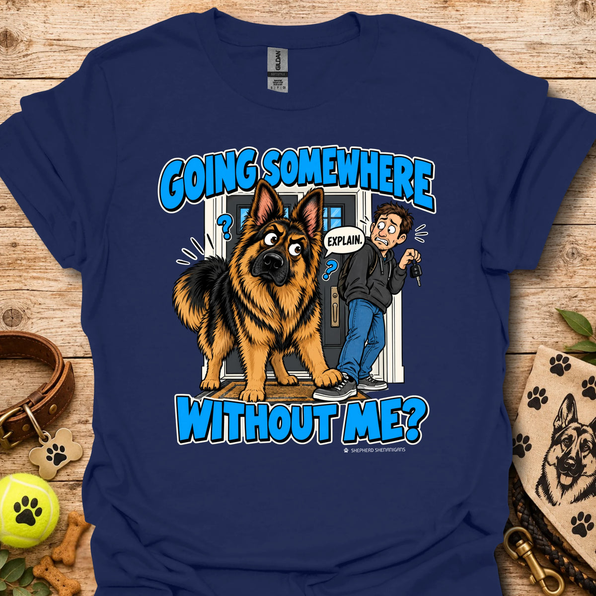 Navy T-shirt with a German shepherd and man graphic and blue lettering