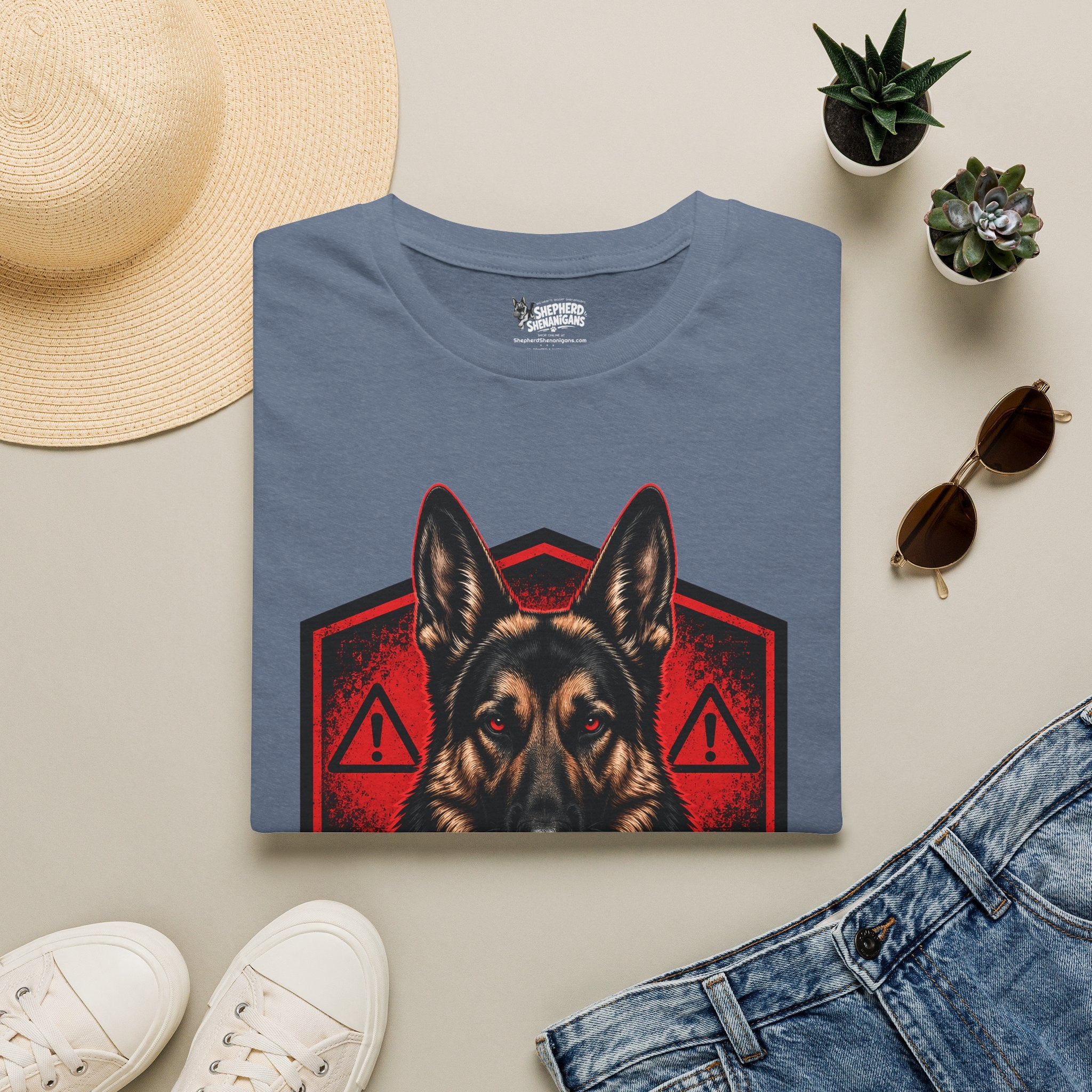 Light blue t-shirt with front German shepherd graphic in red and black