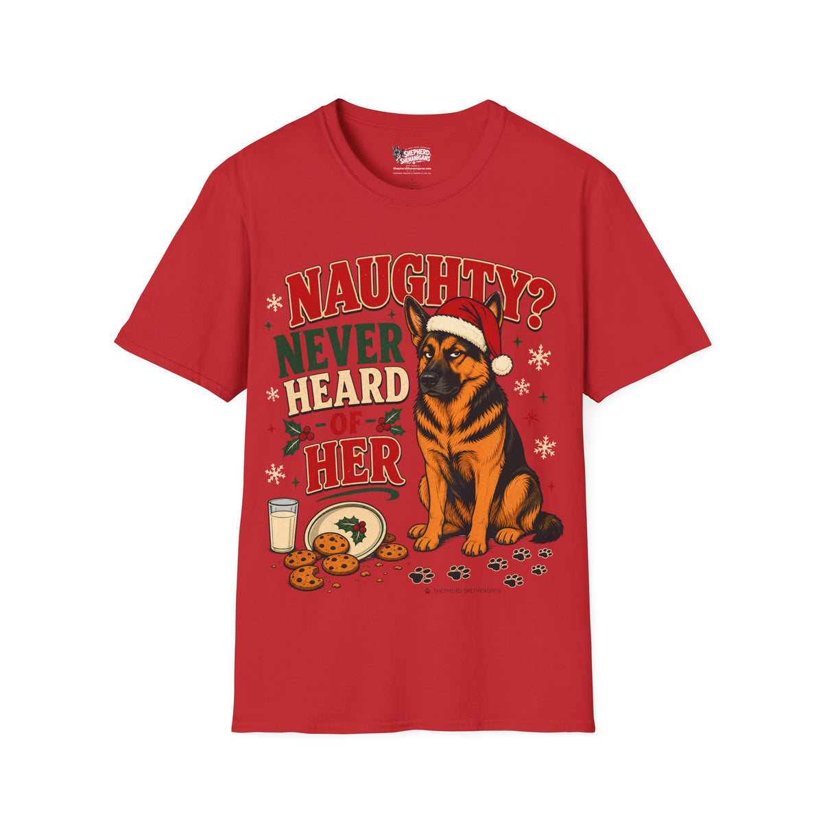 Red graphic t-shirt with dog in Santa hat and 'Naughty? Never Heard of Her' text