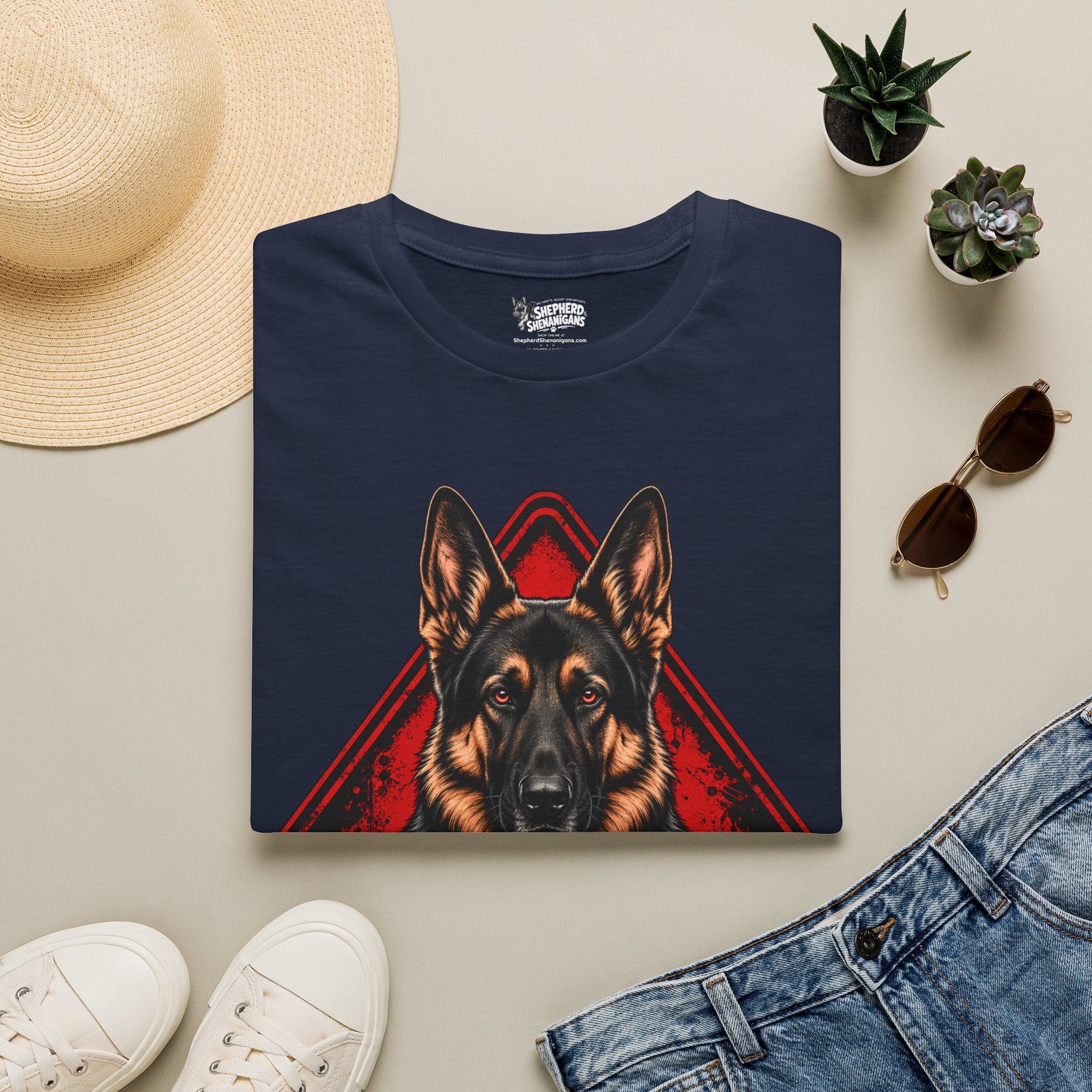 Navy t-shirt with front German shepherd graphic in red and black