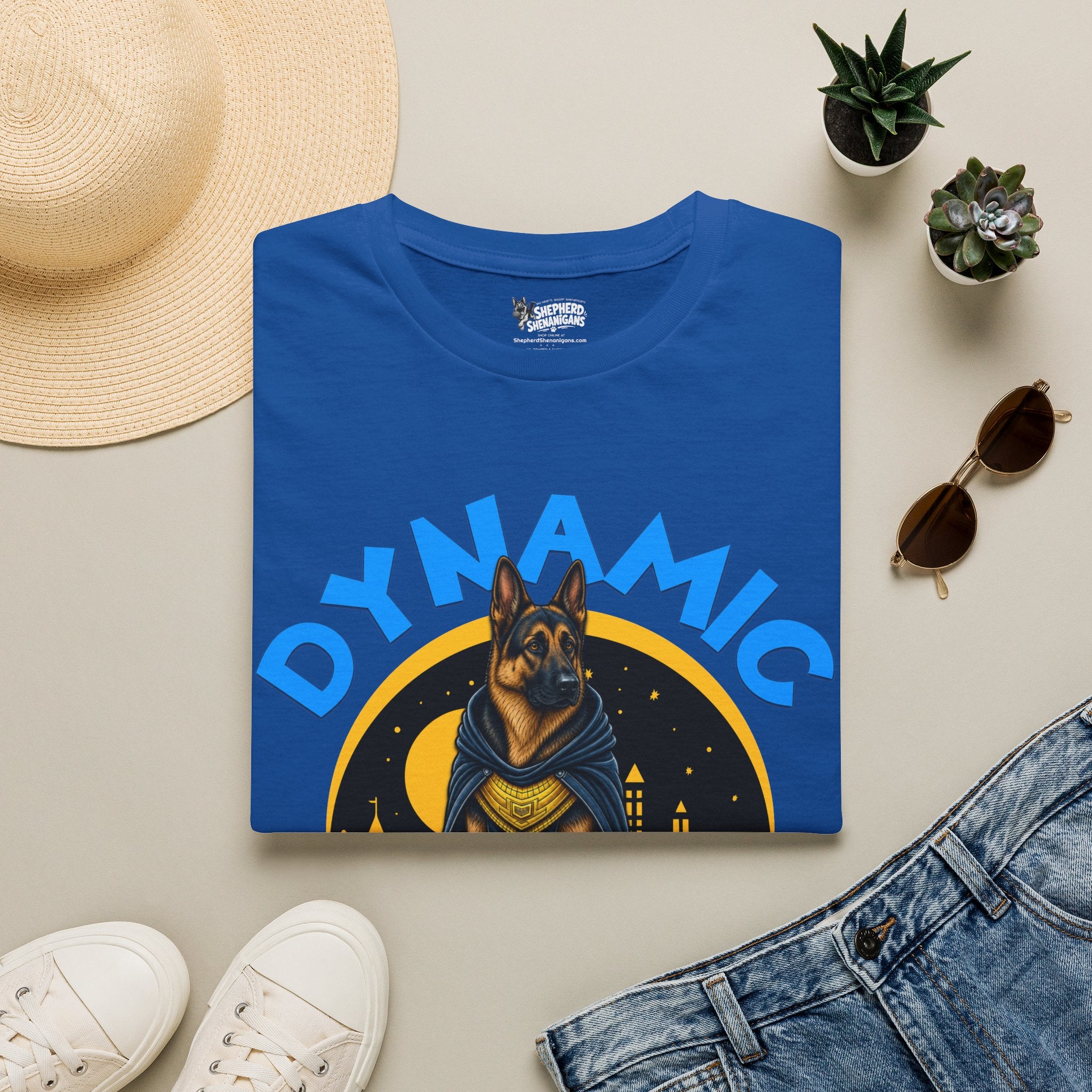 Royal blue T-shirt with shepherd dog knight graphic and 'Shepherd Crusader' print