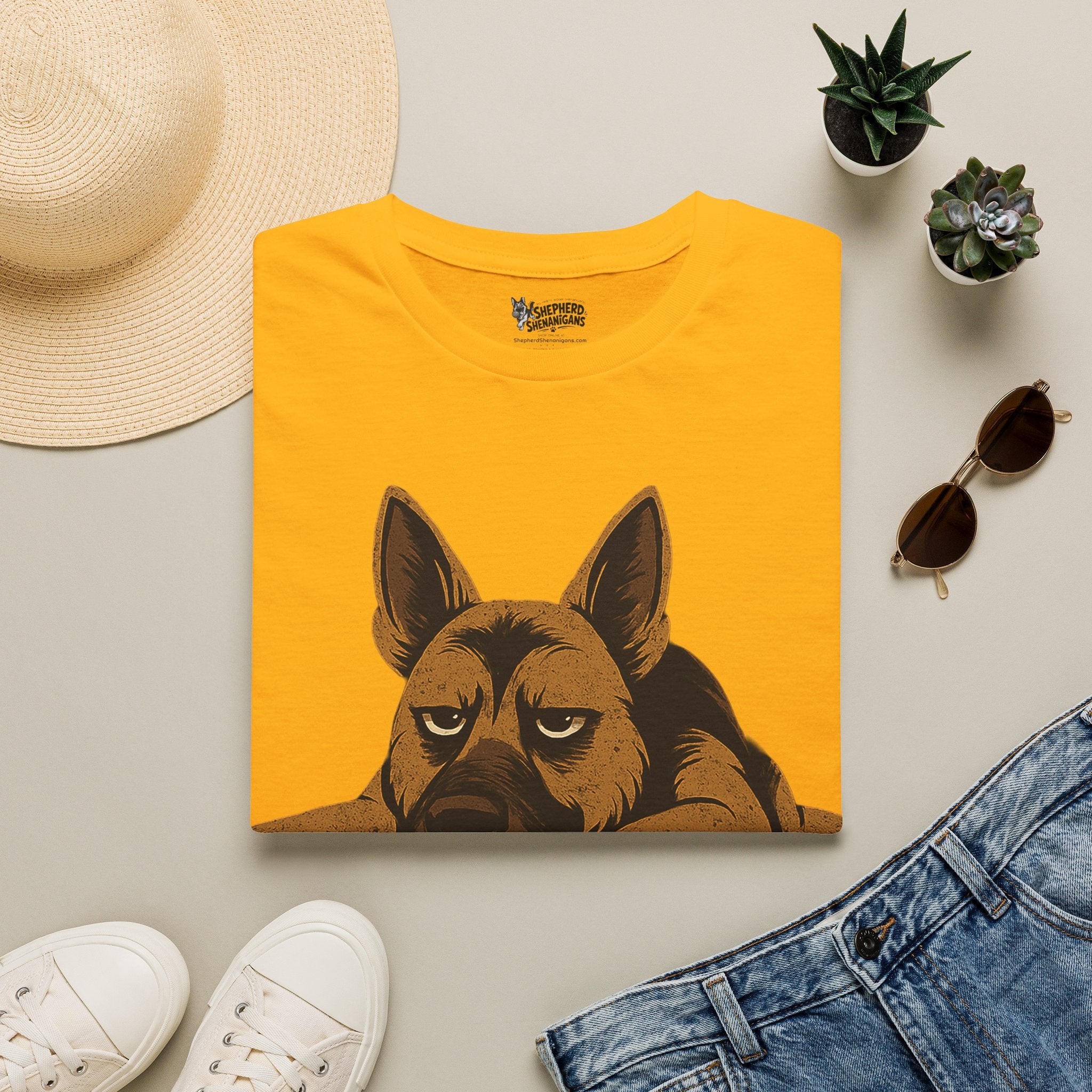 Graphic dog T-shirt, mustard yellow, front dog face print