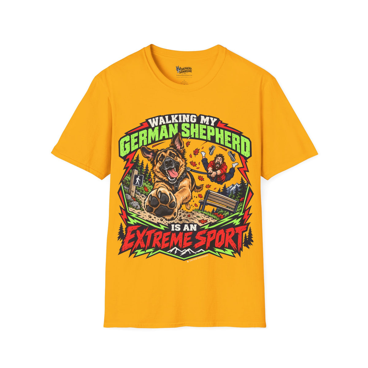 Crew-neck graphic T-shirt, yellow, front dog and text print