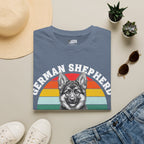 Slate blue T-shirt with German shepherd puppy rainbow graphic front