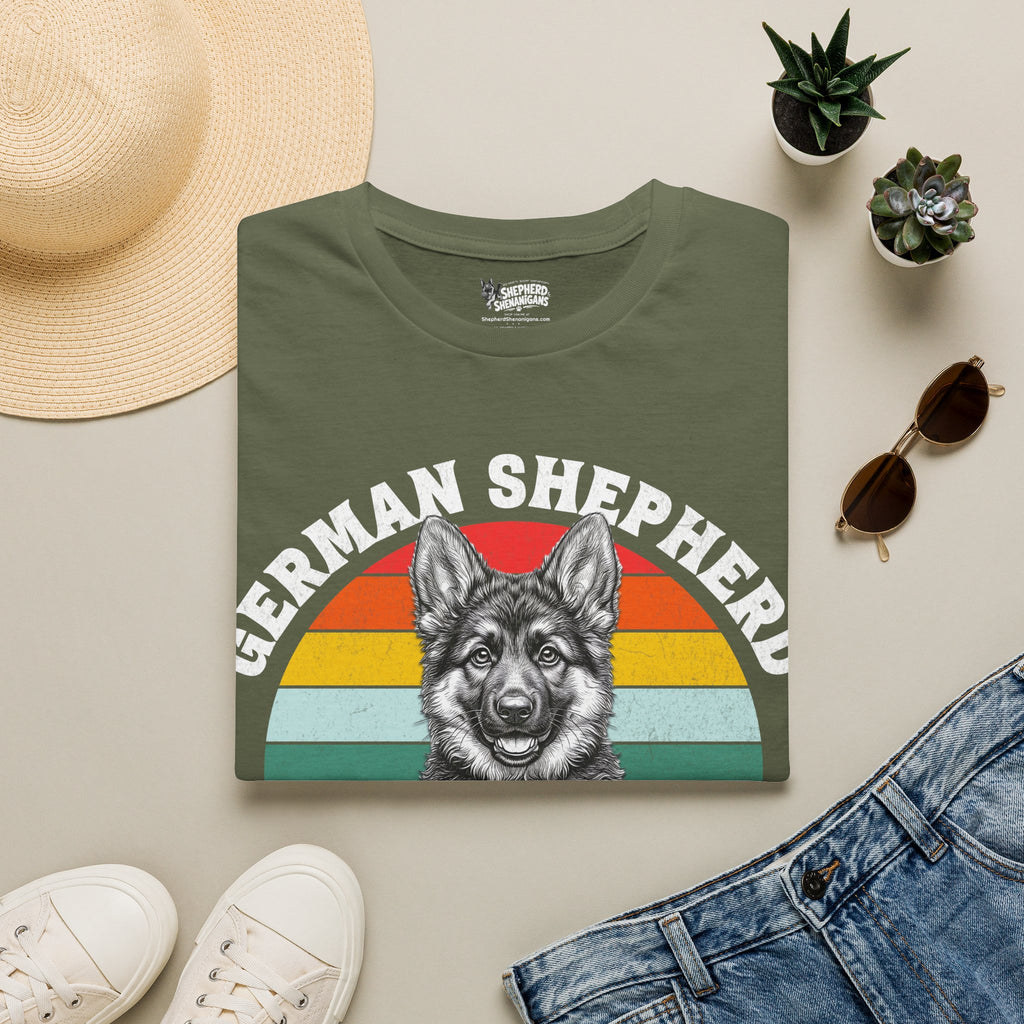 Military green T-shirt with German shepherd puppy rainbow graphic front