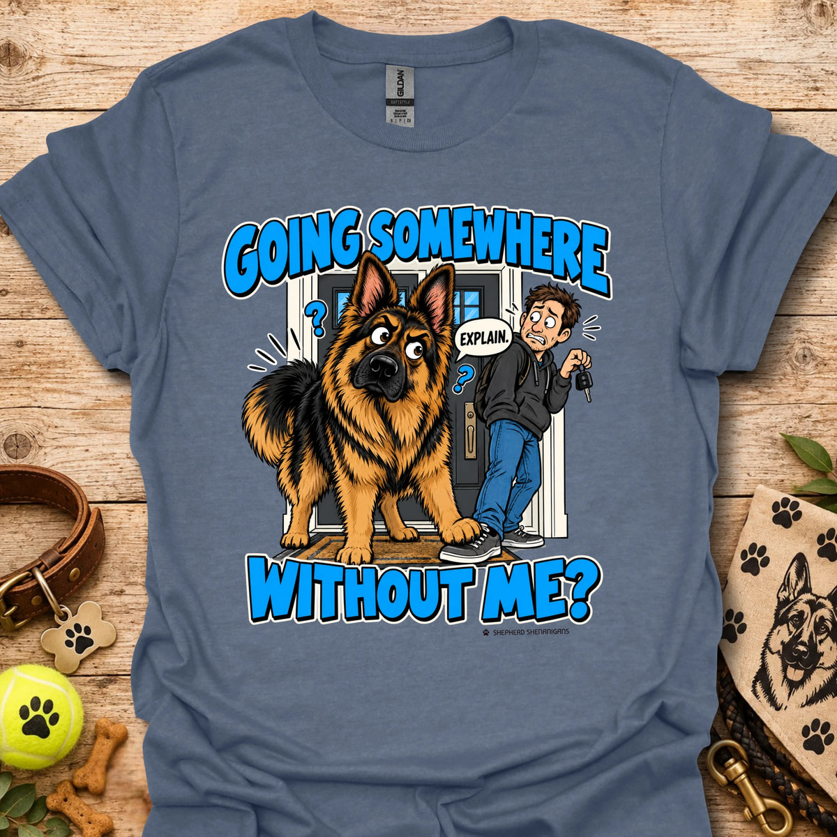 Heather indigo T-shirt with a German shepherd and man graphic and blue lettering