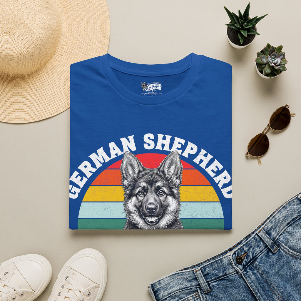 Royal blue T-shirt with German shepherd puppy rainbow graphic front