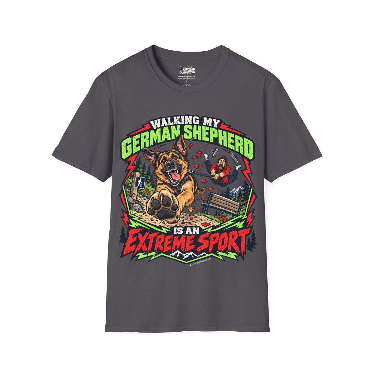 Crew-neck graphic T-shirt, dark gray, front dog and text print