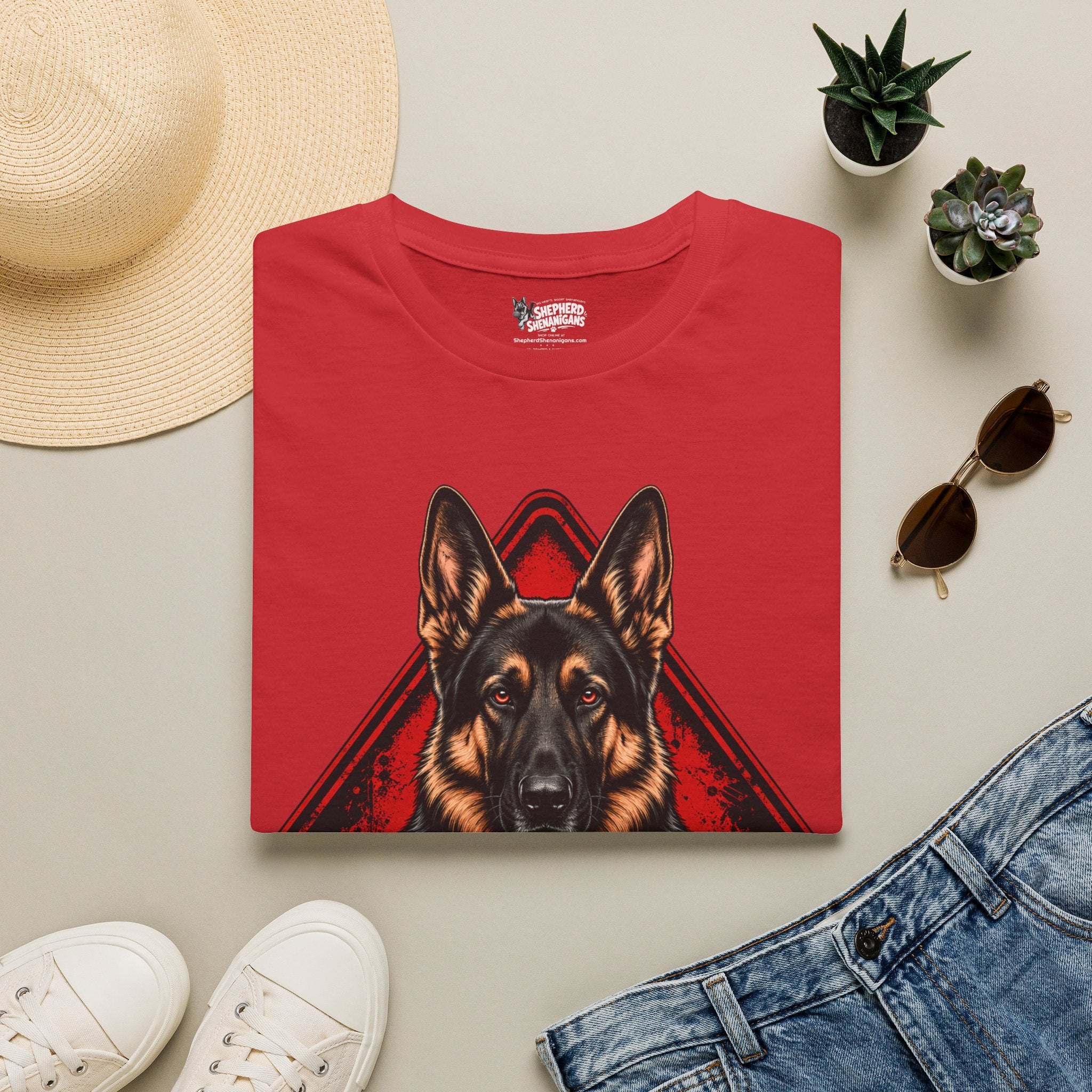 Red t-shirt with front German shepherd graphic in red and black