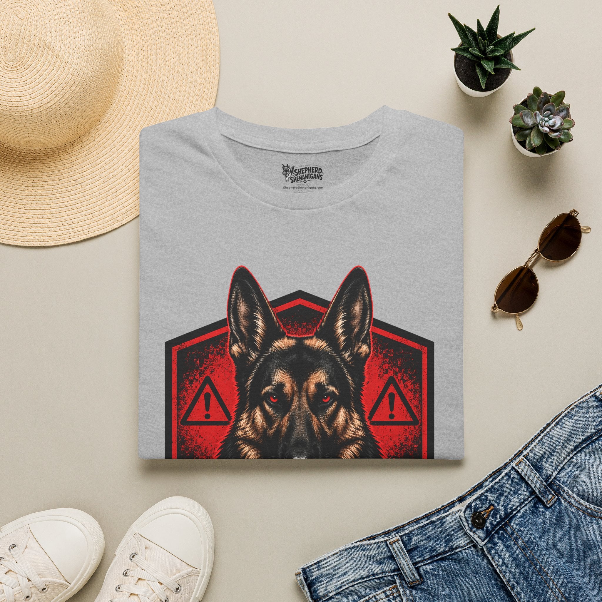 Heather gray t-shirt with front German shepherd graphic in red and black