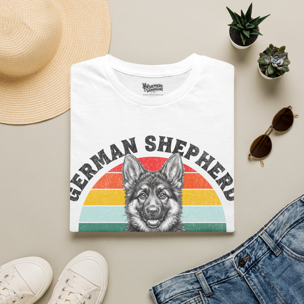 White T-shirt with German shepherd puppy rainbow graphic front
