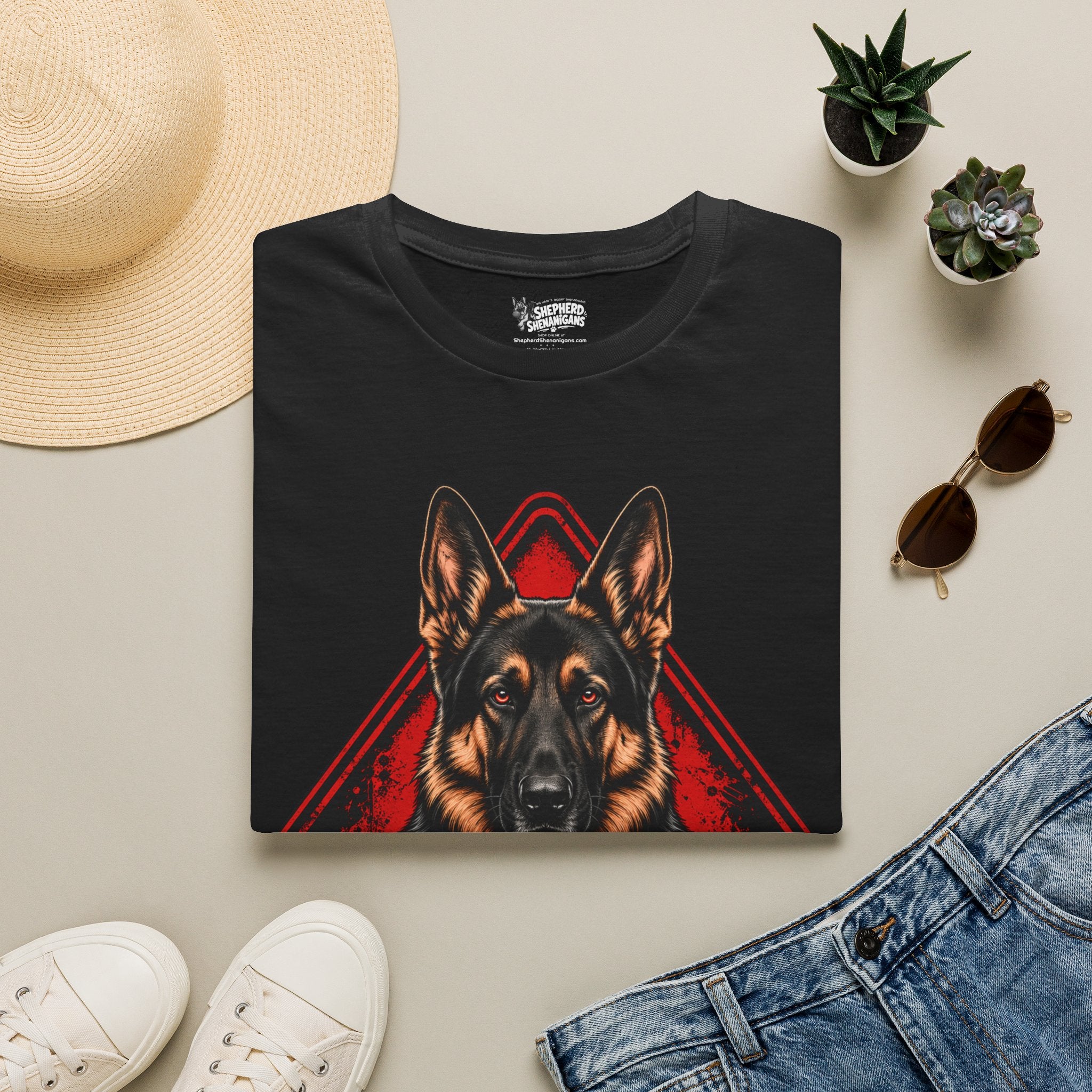 Black t-shirt with front German shepherd graphic in red and gold