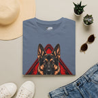 Blue T-shirt with German shepherd face and "Protected by Chaos" graphic