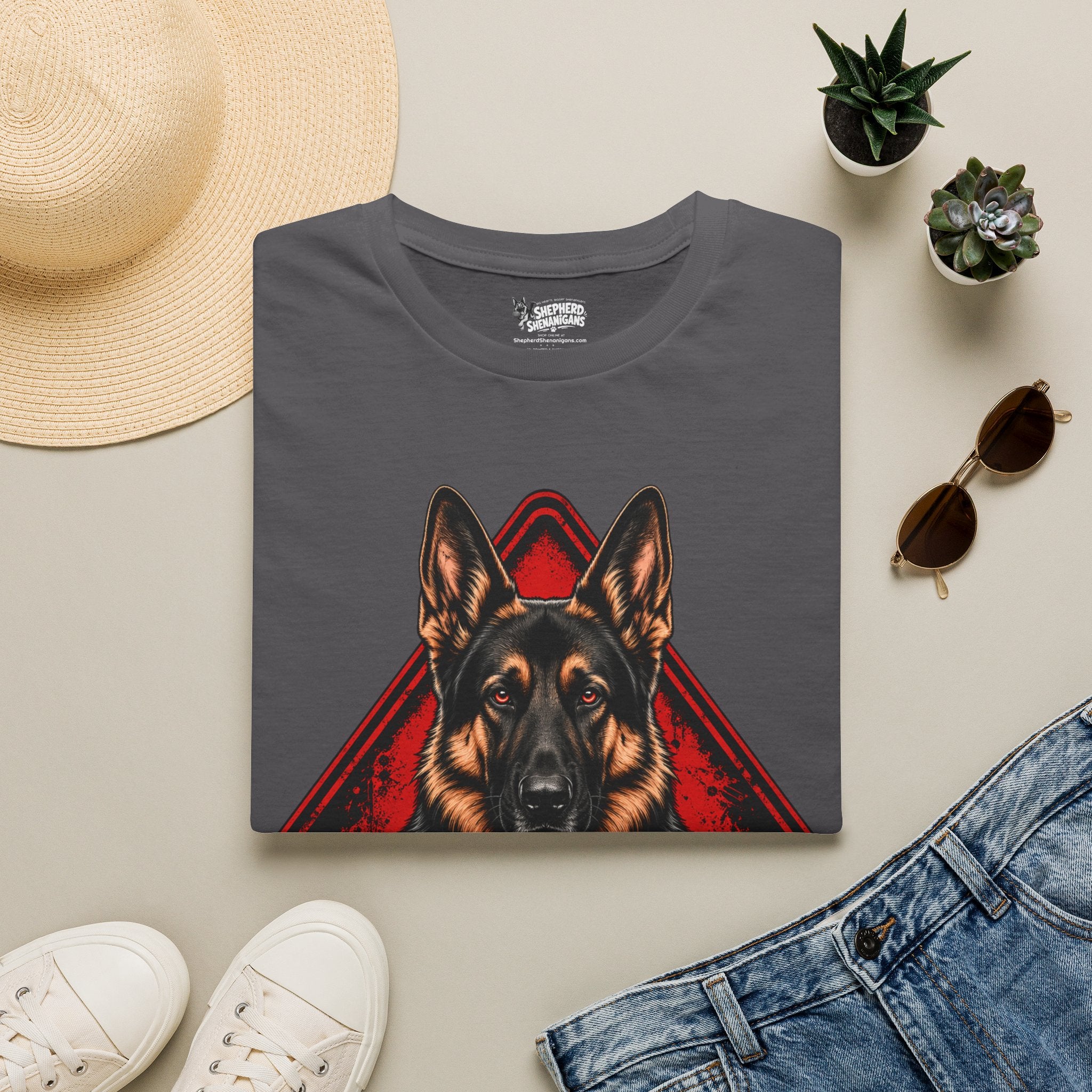 Dark gray t-shirt with front German shepherd graphic in red and black