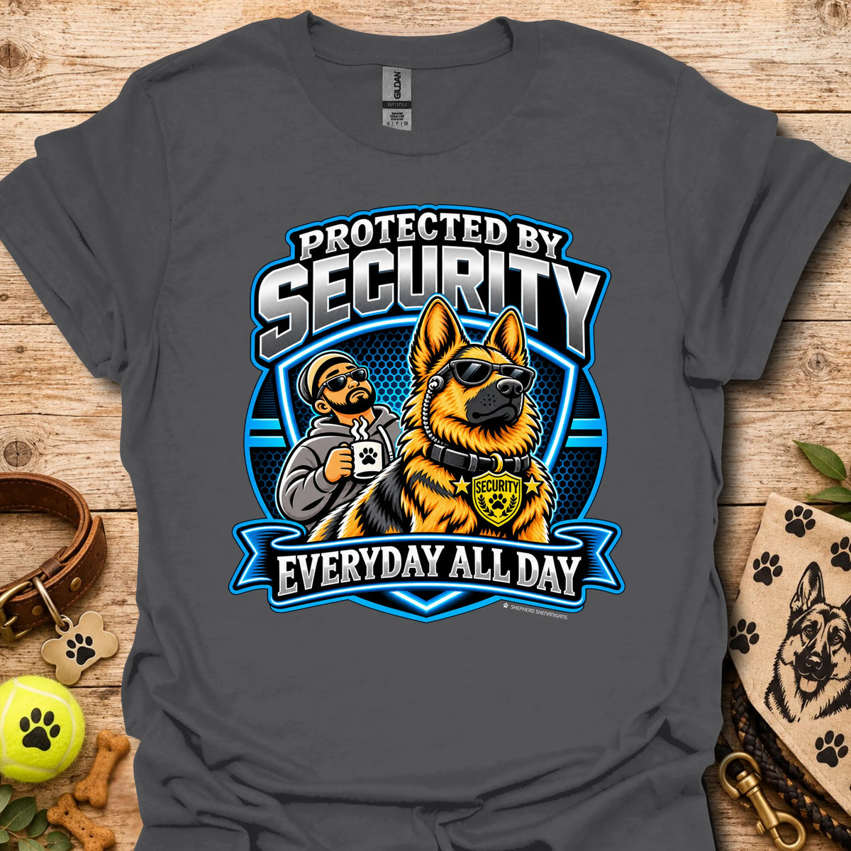 Charcoal T-shirt with a security guard and dog graphic and “Protected by Security” text