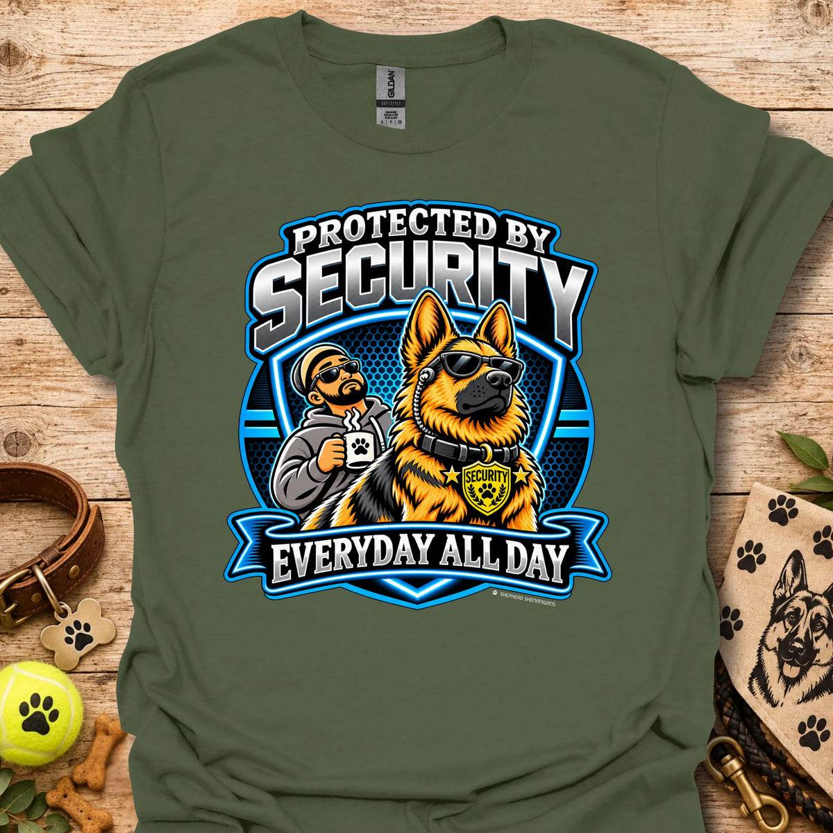 Military green T-shirt with a security guard and dog graphic and “Protected by Security” text
