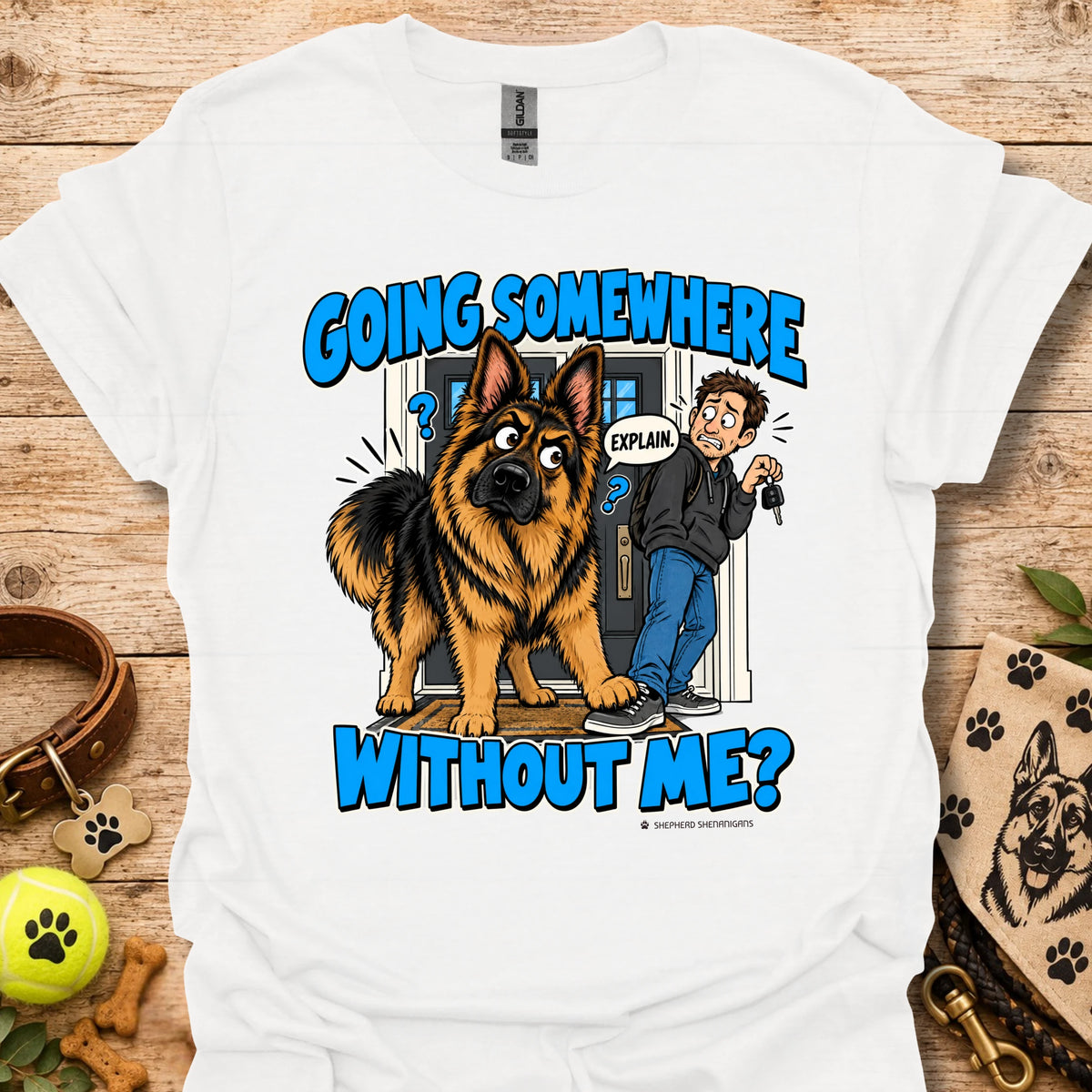 White T-shirt with a German shepherd and man graphic and blue lettering
