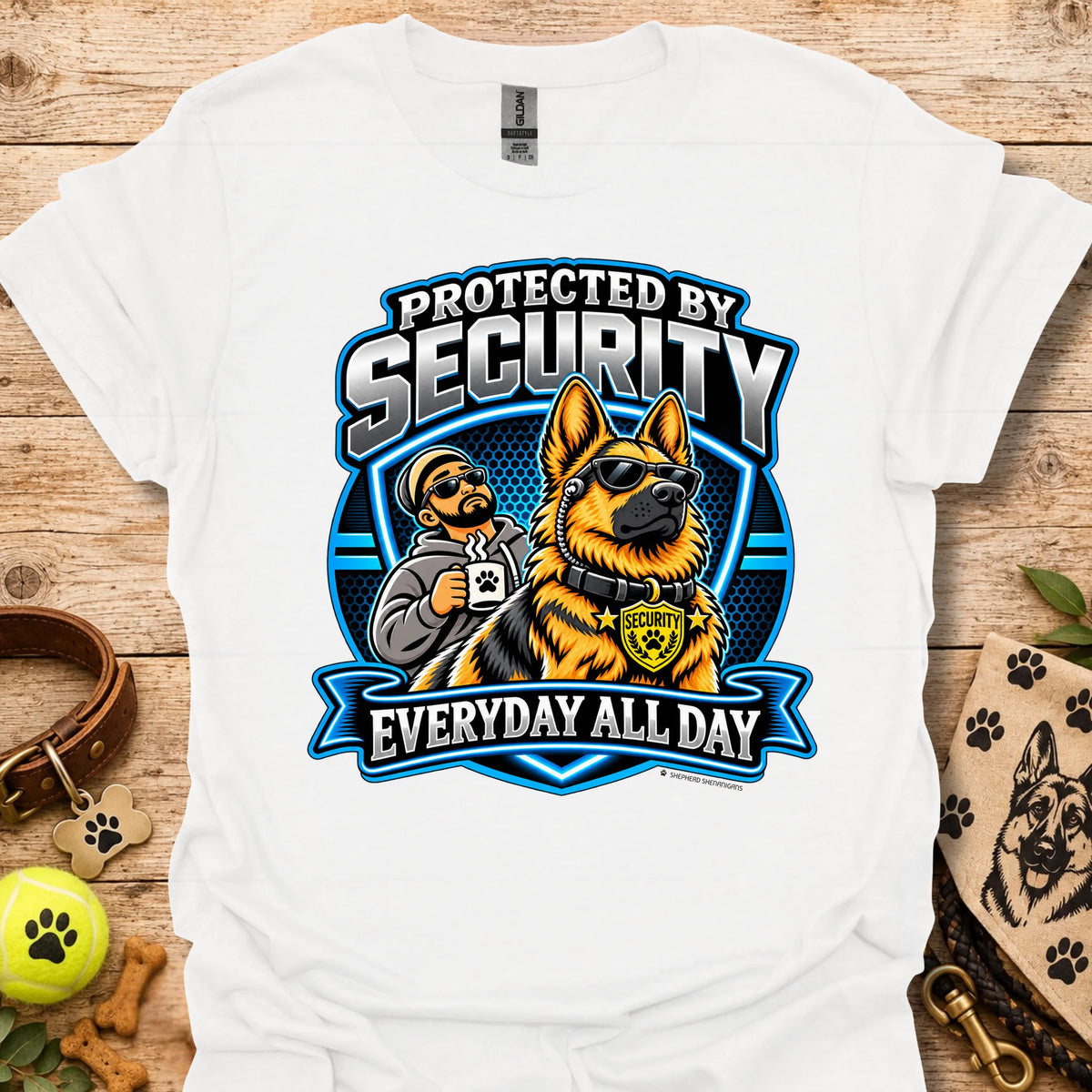 White T-shirt with a security guard and dog graphic and “Protected by Security” text