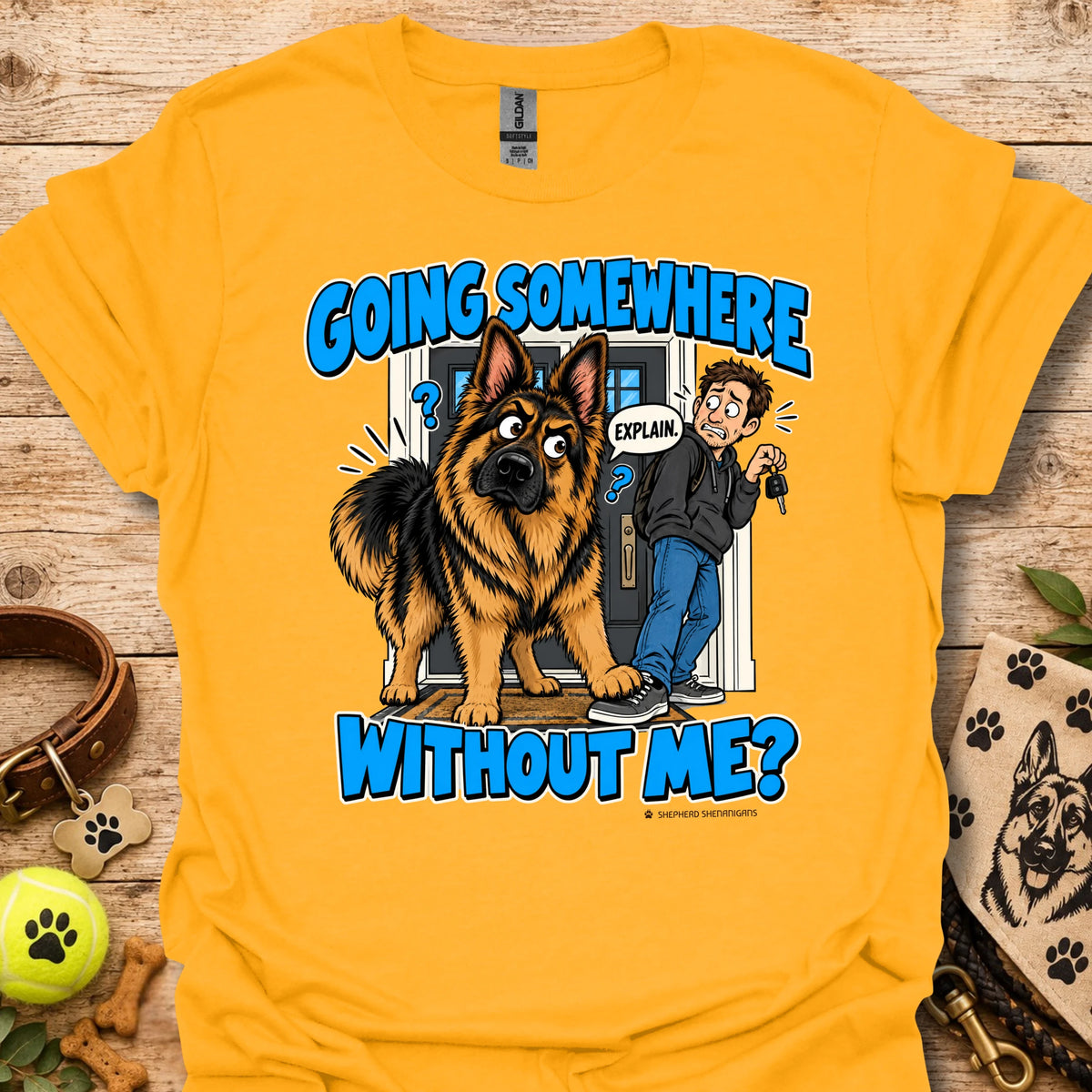 Gold T-shirt with a German shepherd and man graphic and blue lettering