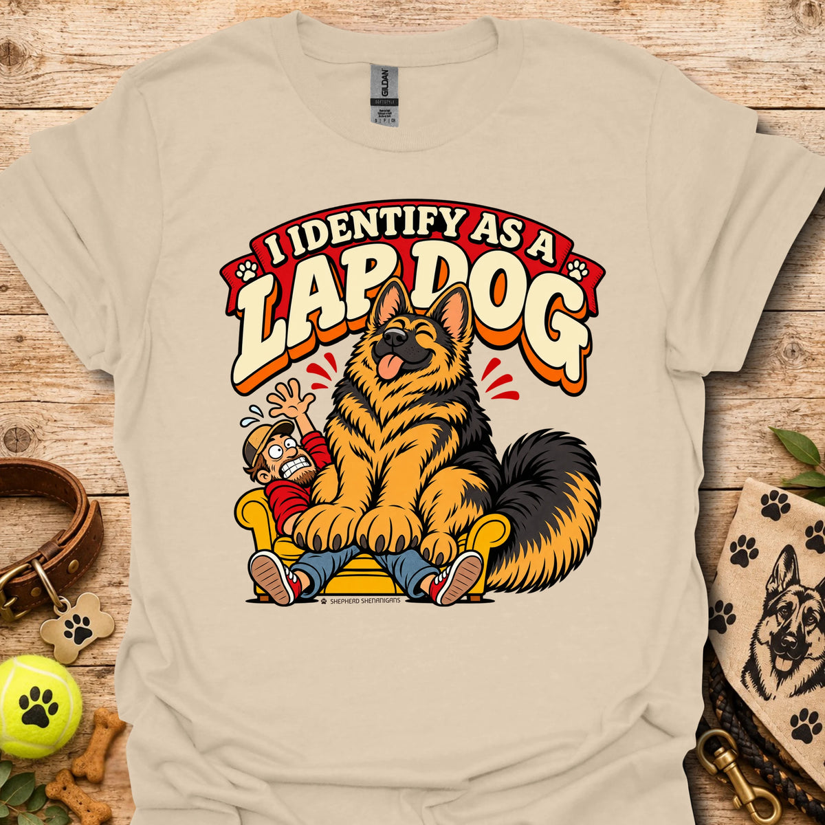 Sand T-shirt with a cartoon lapdog graphic and "I Identify as a Lapdog" text
