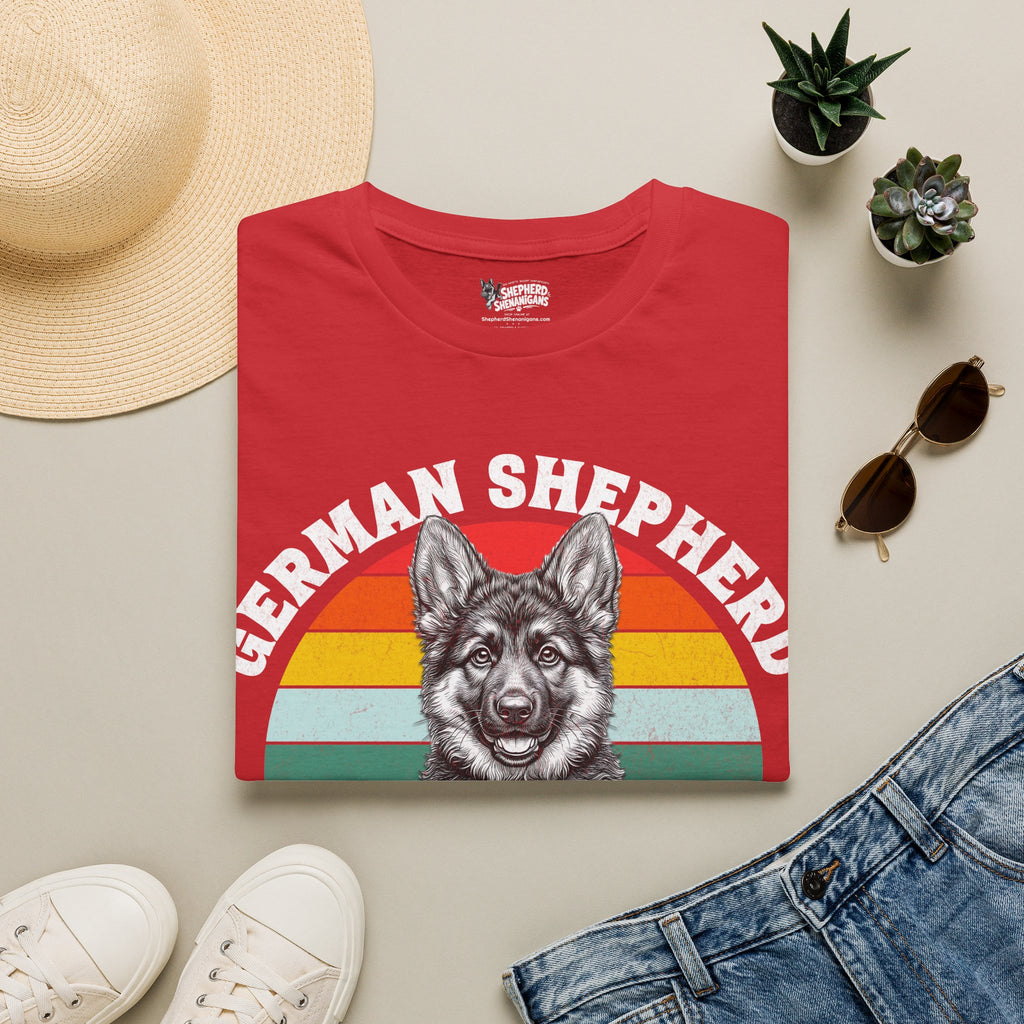 Red T-shirt with German shepherd puppy rainbow graphic front