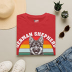 Red T-shirt with German shepherd puppy rainbow graphic front
