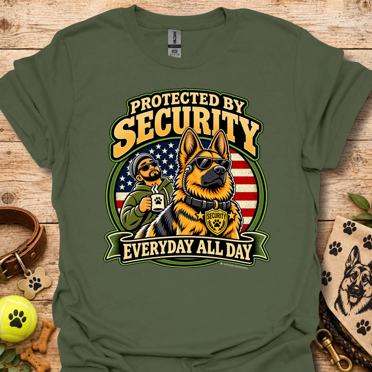 Military green Protected By Security T-shirt with security dog and handler graphic