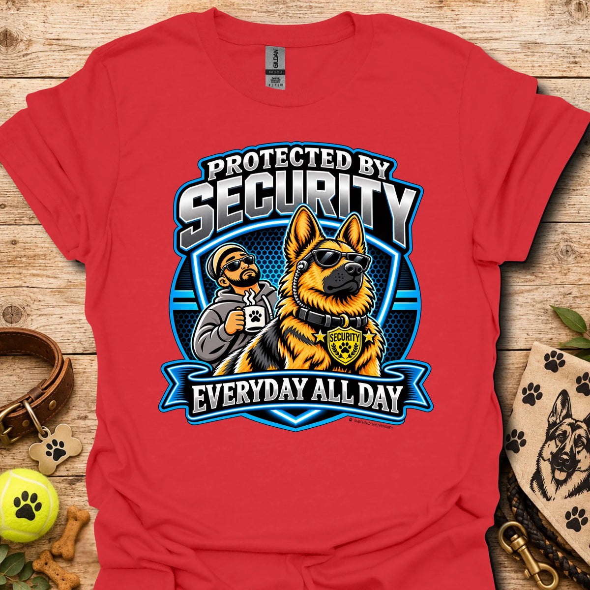 Red T-shirt with a security guard and dog graphic and “Protected by Security” text