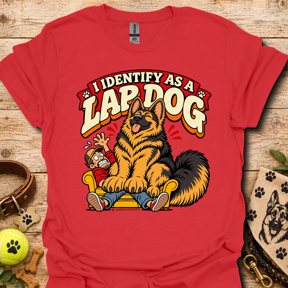 Red T-shirt with a cartoon lapdog graphic and "I Identify as a Lapdog" text