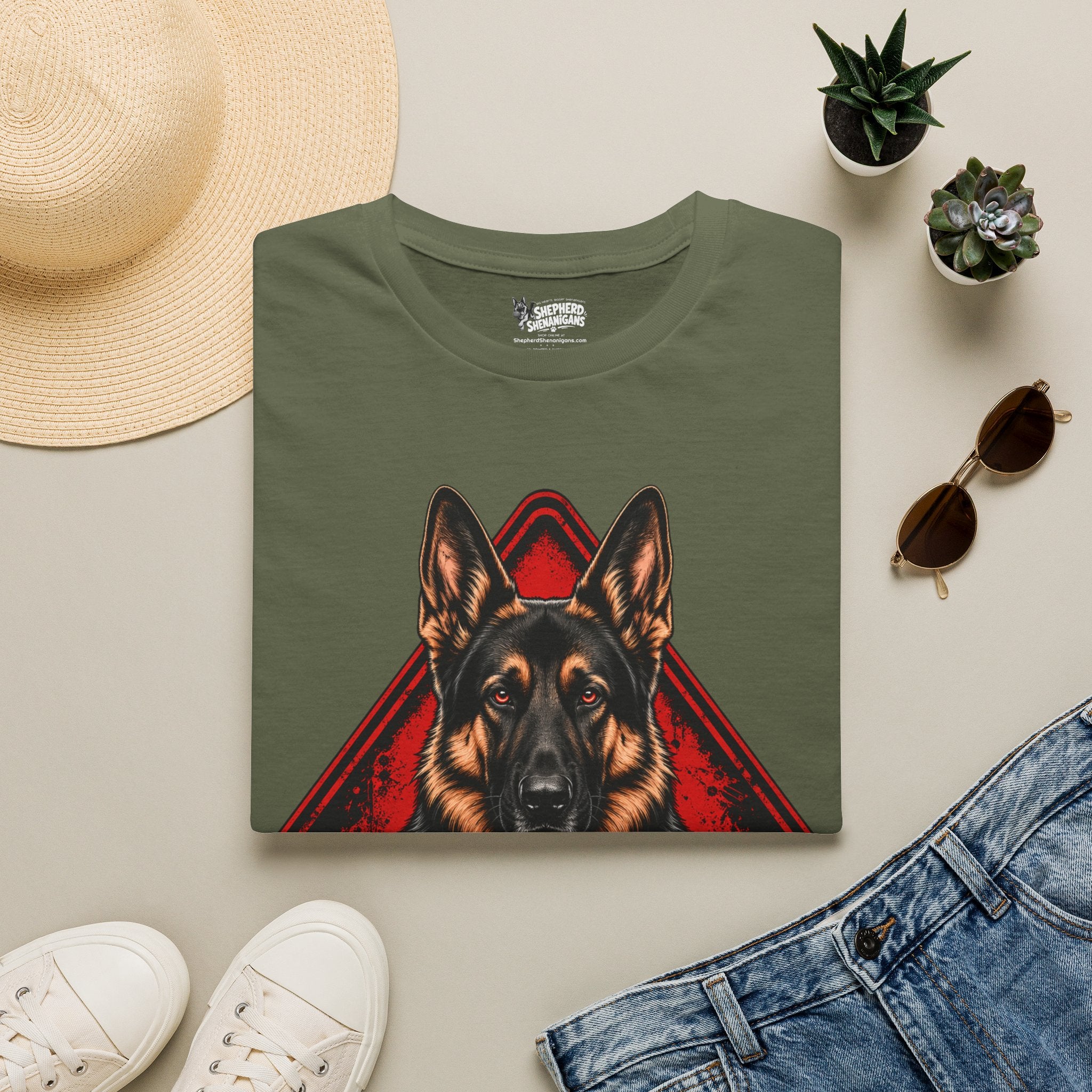 Military green t-shirt with front German shepherd graphic in red and black